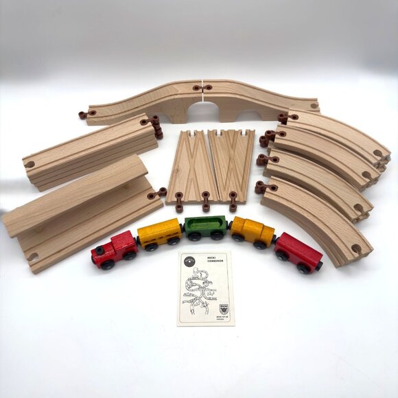 Vintage Micki Wooden Train Set Trains Tracks Bridge More - Picture 1 of 14